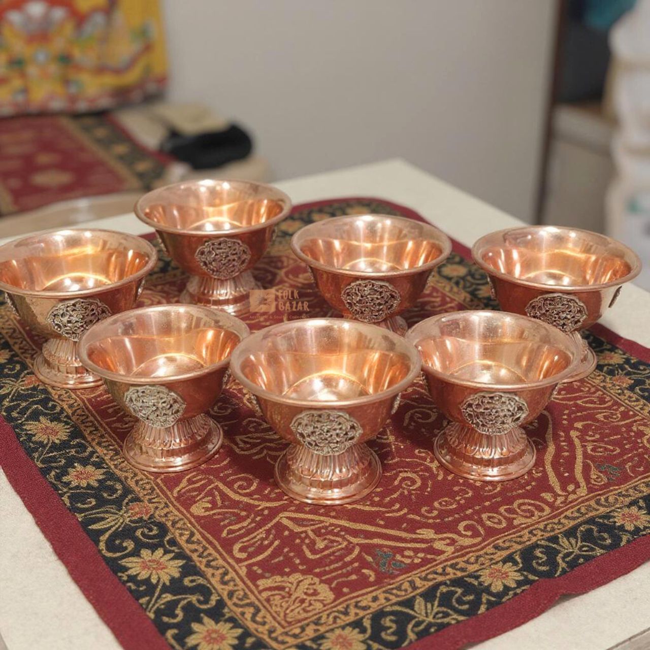 Carved Copper Ting (Offering bowl) with Base (Set of 7)